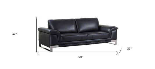 90" Black And Silver Italian Leather Sofa