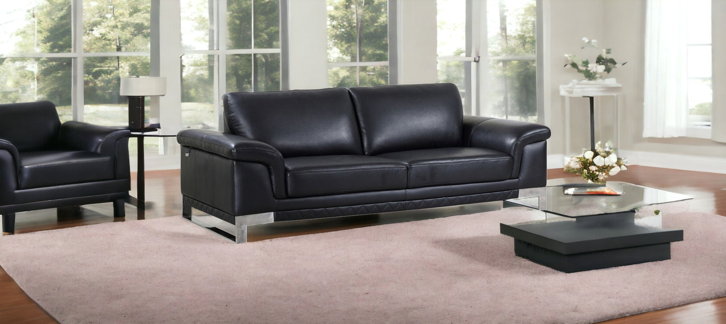 90" Black And Silver Italian Leather Sofa