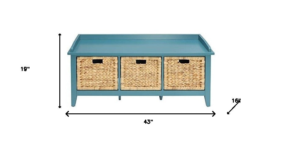 43" Teal Blue Solid Wood Bench with Drawers