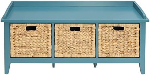 43" Teal Blue Solid Wood Bench with Drawers