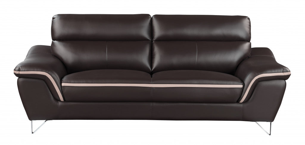 86" Brown And Silver Leather Sofa