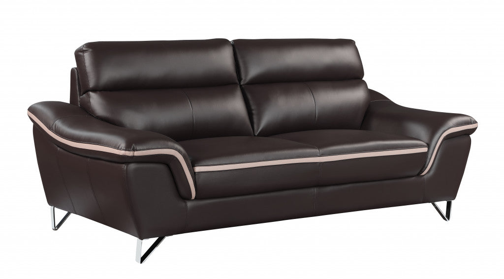 86" Brown And Silver Leather Sofa