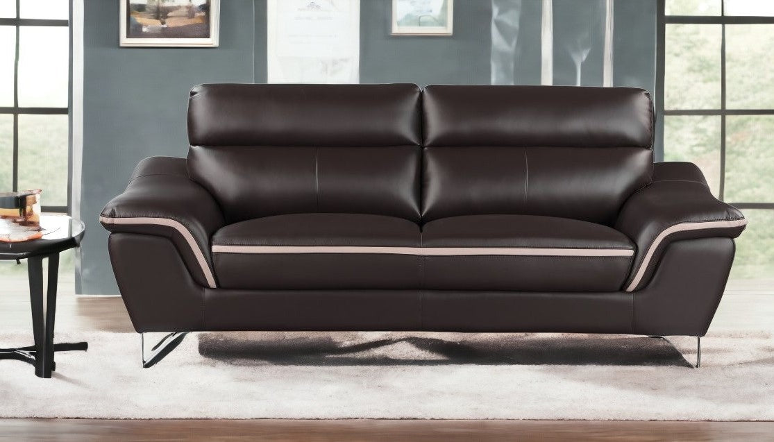 86" Brown And Silver Leather Sofa