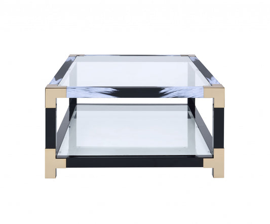 54" Clear And Black and Gold Glass And Iron Coffee Table With Shelf