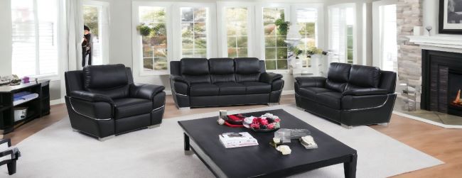 Three Piece Indoor Black Genuine Leather Six Person Seating Set