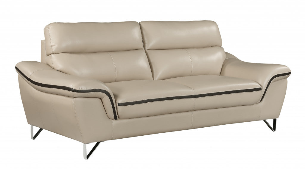 86" Beige And Silver Leather Sofa