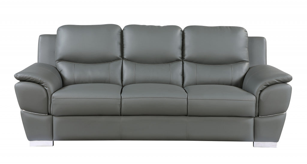 85" Gray And Silver Leather Sofa