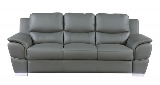 85" Gray And Silver Leather Sofa