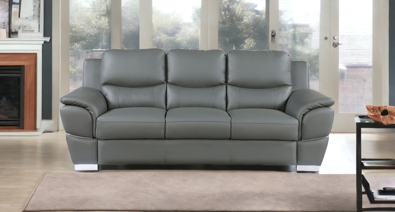 85" Gray And Silver Leather Sofa