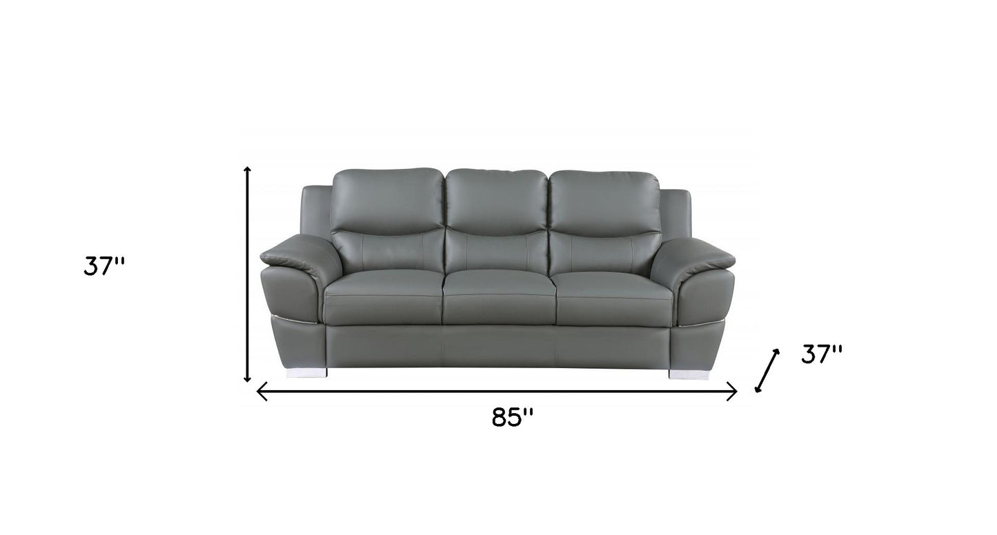 85" Gray And Silver Leather Sofa