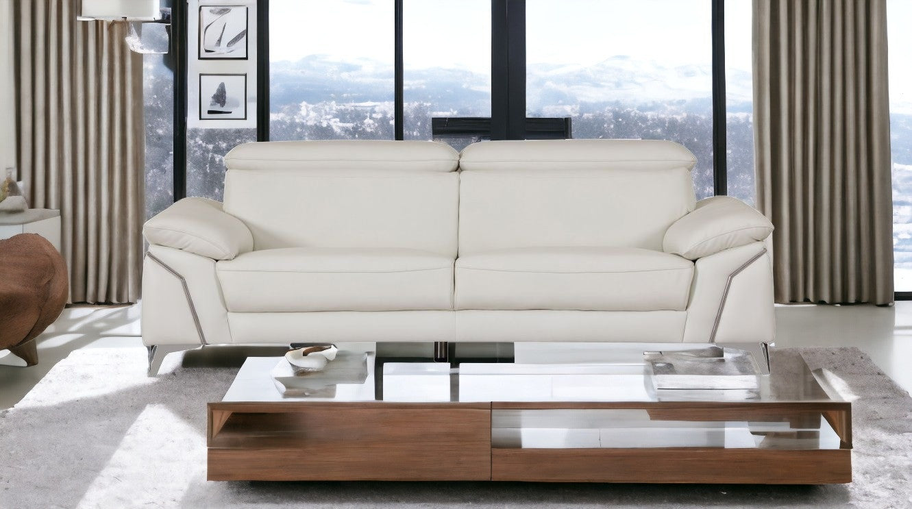 87" White And Silver Italian Leather Sofa