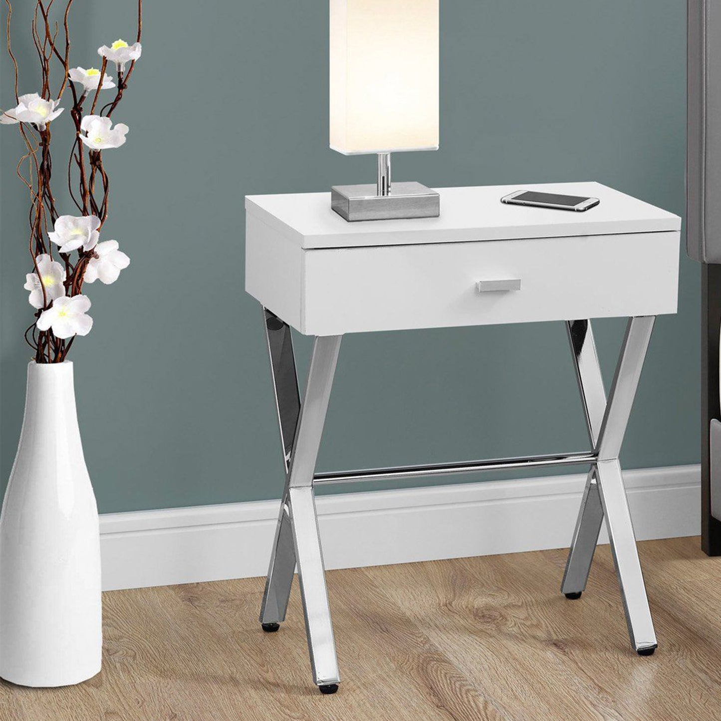 22" Silver And White End Table With Drawer