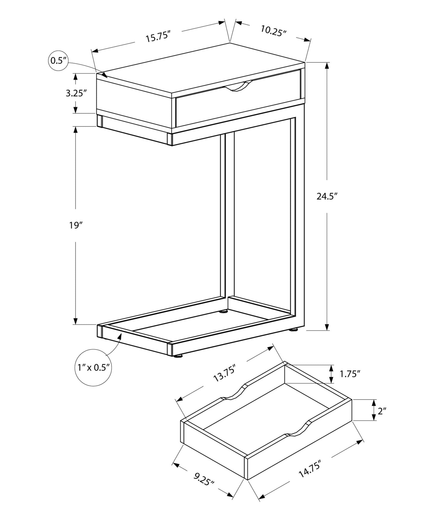 10.25" X 15.75" X 24.5" Grey Finish And Laminated Metal Accent Table