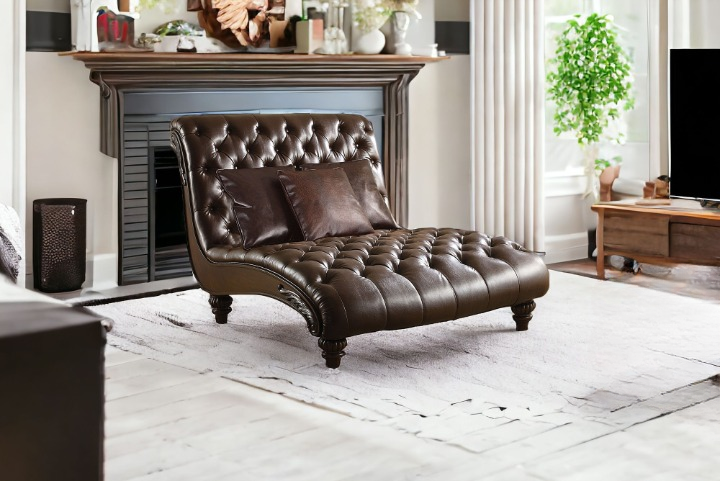 52" Brown Faux Leather Lounge Chair And Toss Pillows