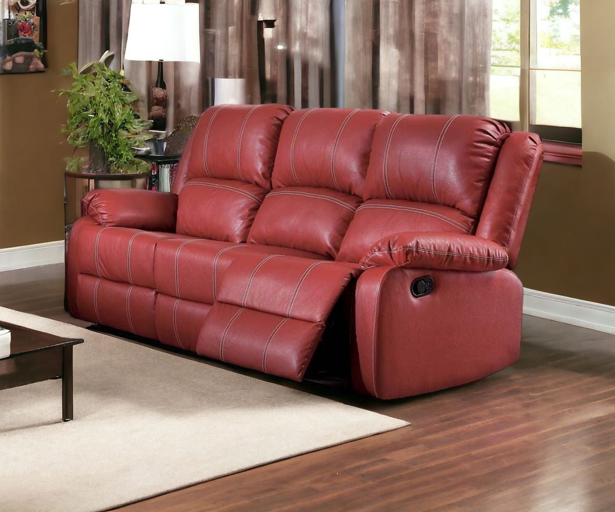 81" Red And Black Faux Leather Reclining Sofa