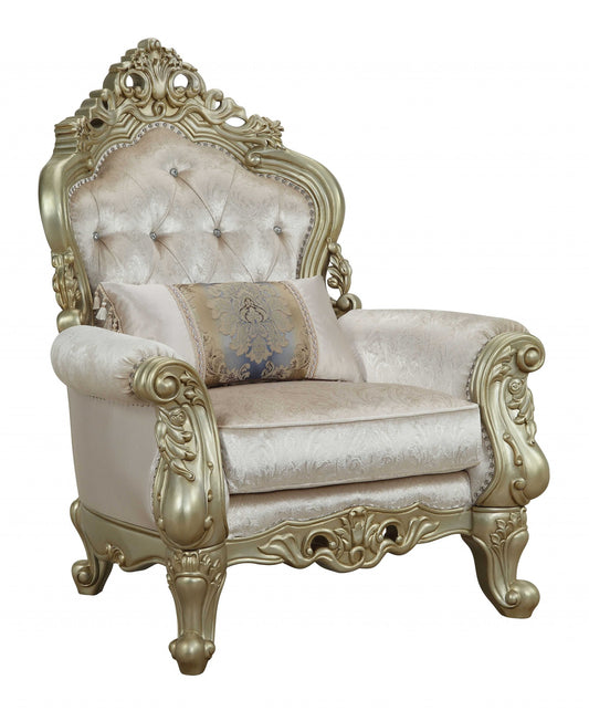 40" White And Pearl Fabric Damask Tufted Chesterfield Chair