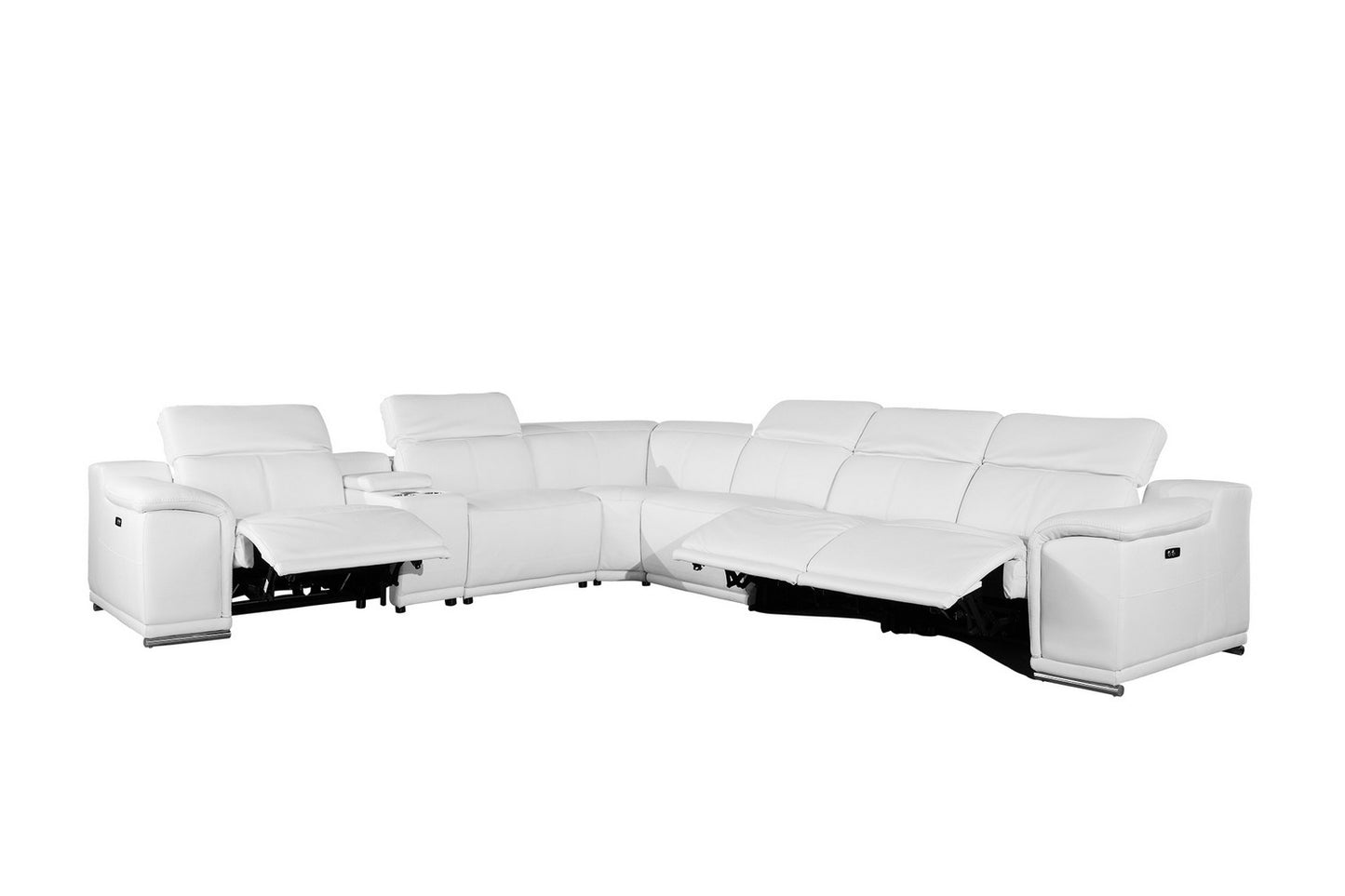 White Italian Leather Power Reclining U Shaped Seven Piece Corner Sectional With Console