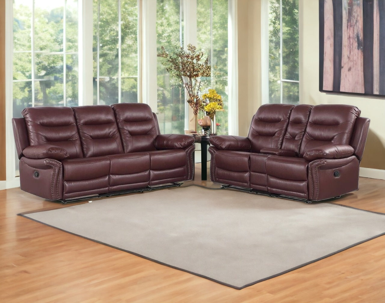 Two Piece Indoor Burgundy Faux Leather Five Person Seating Set