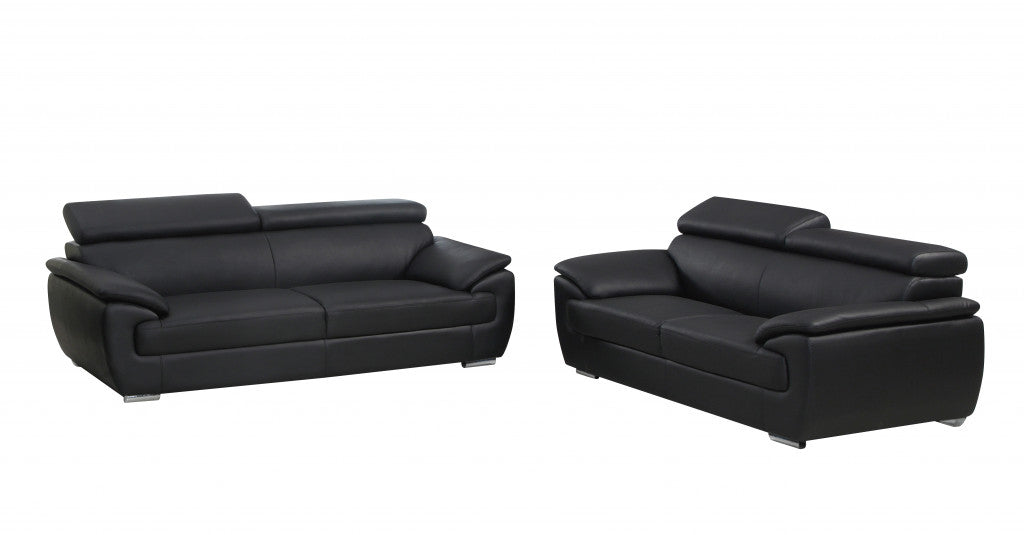 Two Piece Indoor Black Genuine Leather Five Person Seating Set