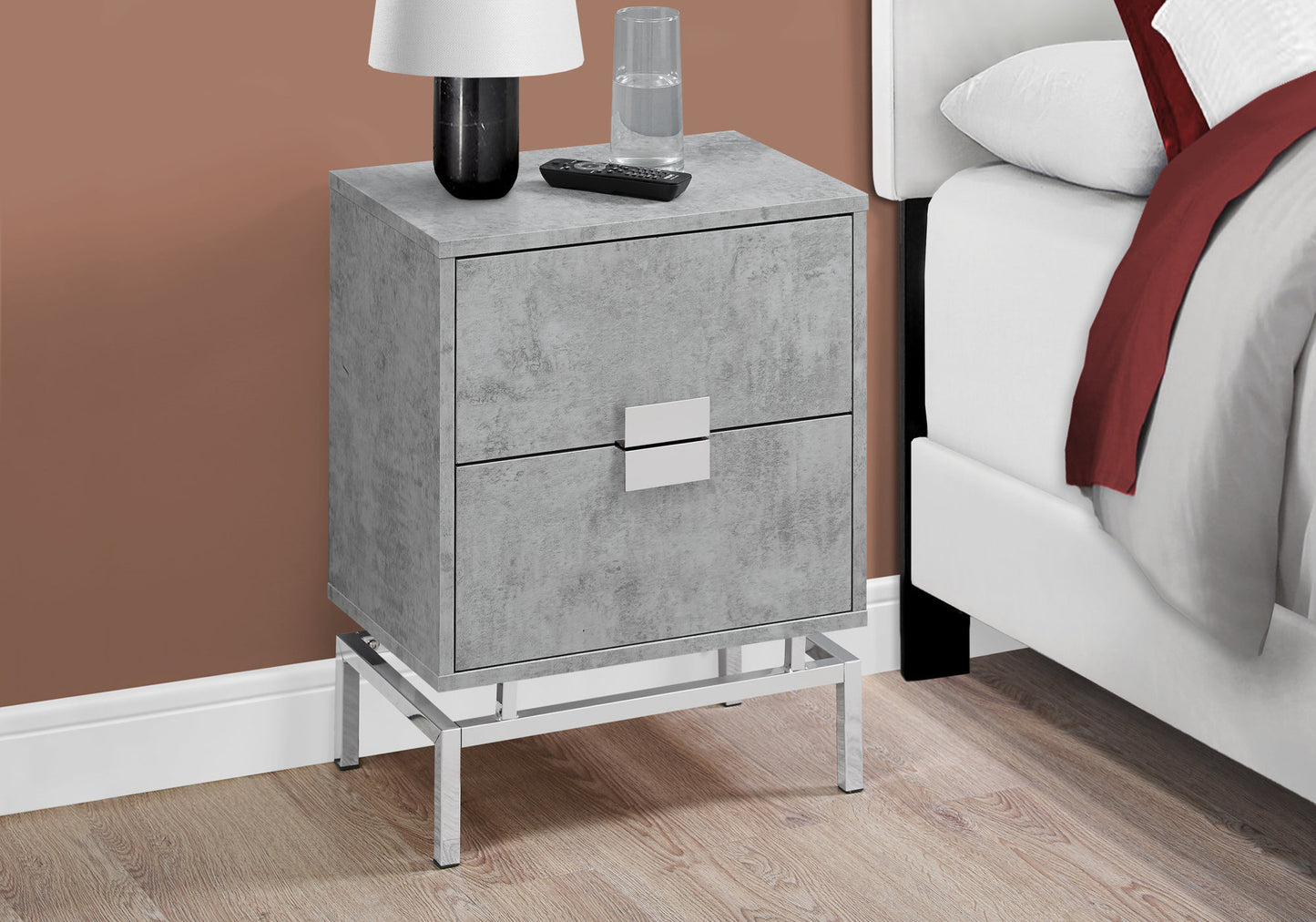 23.5" Grey Cement White Particle Board And Chrome Metal Accent Table