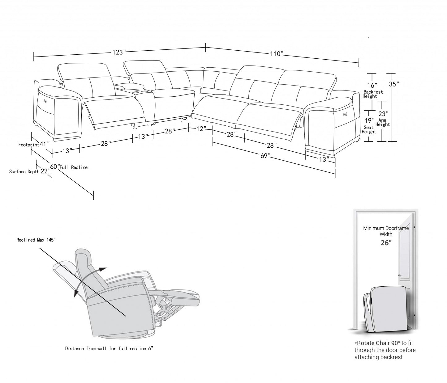 White Italian Leather Power Reclining U Shaped Six Piece Corner Sectional With Console