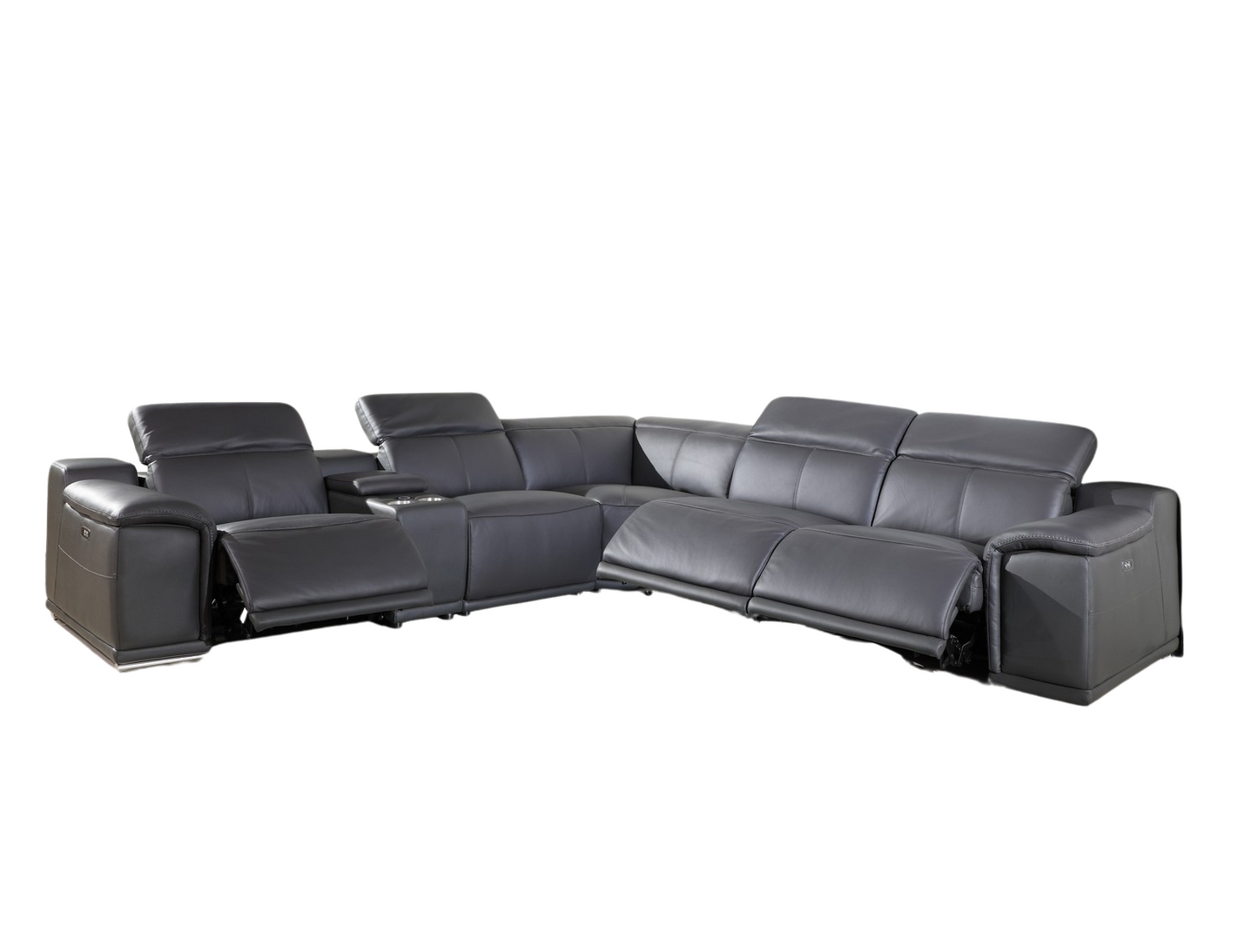 Gray Italian Leather Power Reclining U Shaped Six Piece Corner Sectional With Console