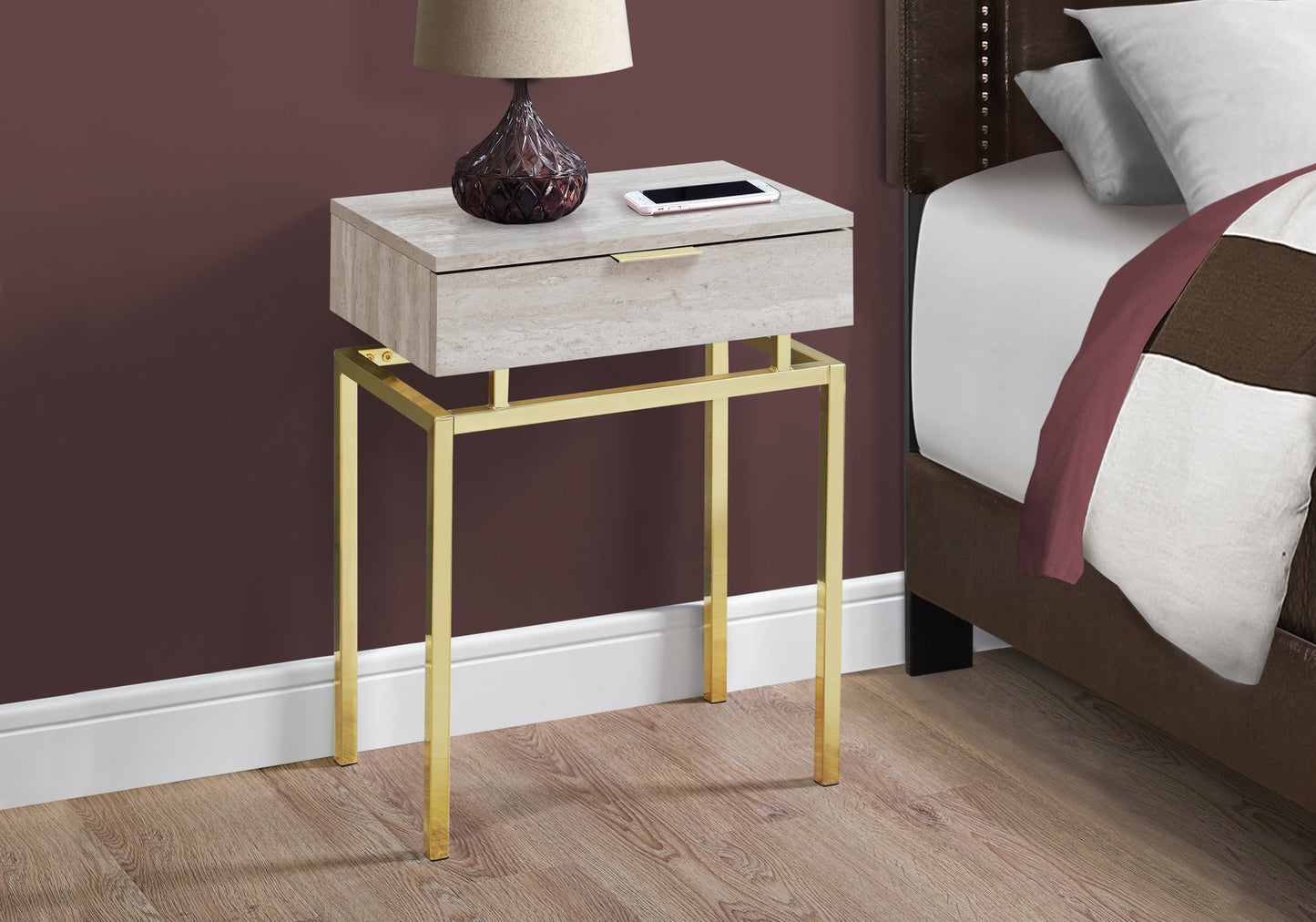 23" Gold And Beige End Table With Drawer