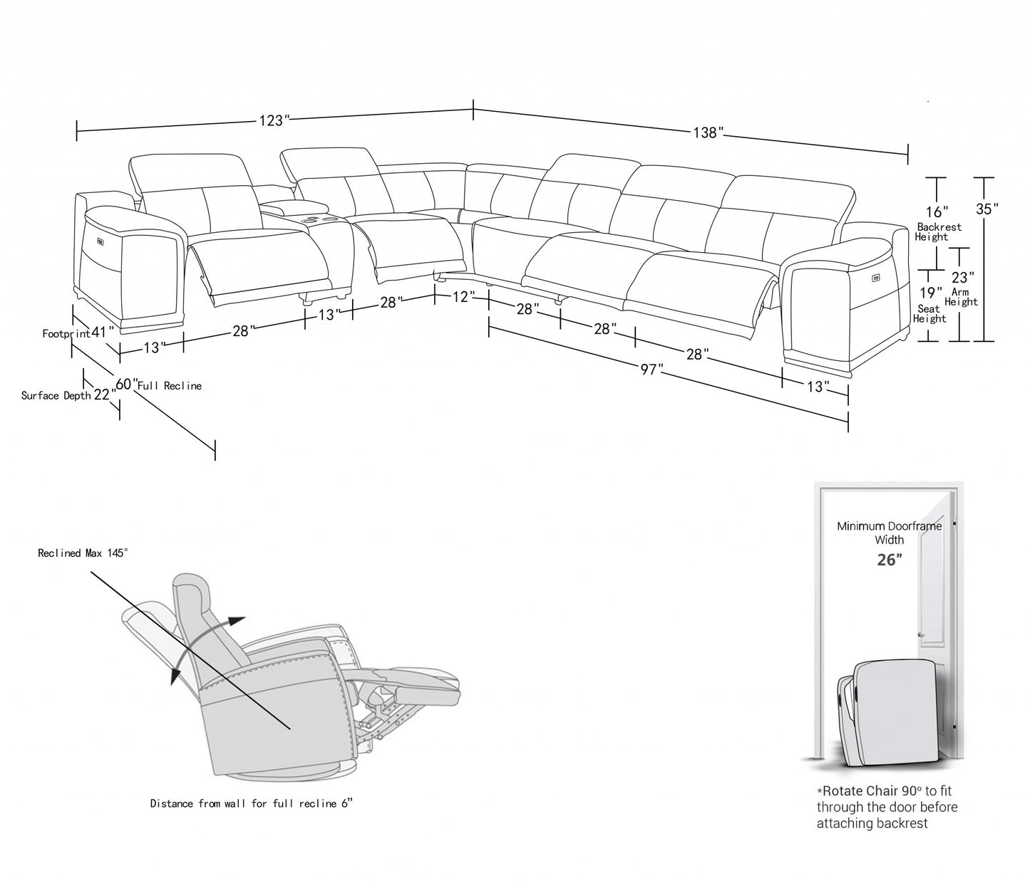 Gray Italian Leather Power Reclining U Shaped Seven Piece Corner Sectional With Console