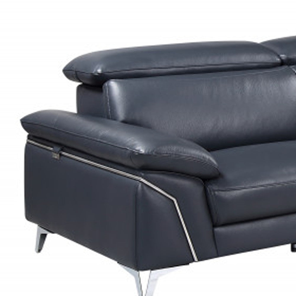 Navy Blue Italian Leather L Shaped Two Piece Sofa and Chaise Sectional