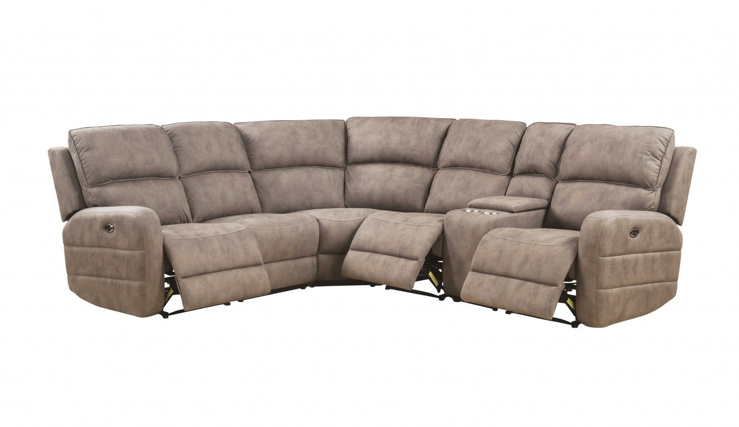 Brown Top Grain Leather Power Reclining L Shaped Six Piece Corner Sectional With Console