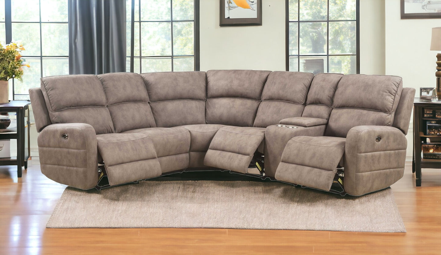 Brown Top Grain Leather Power Reclining L Shaped Six Piece Corner Sectional With Console