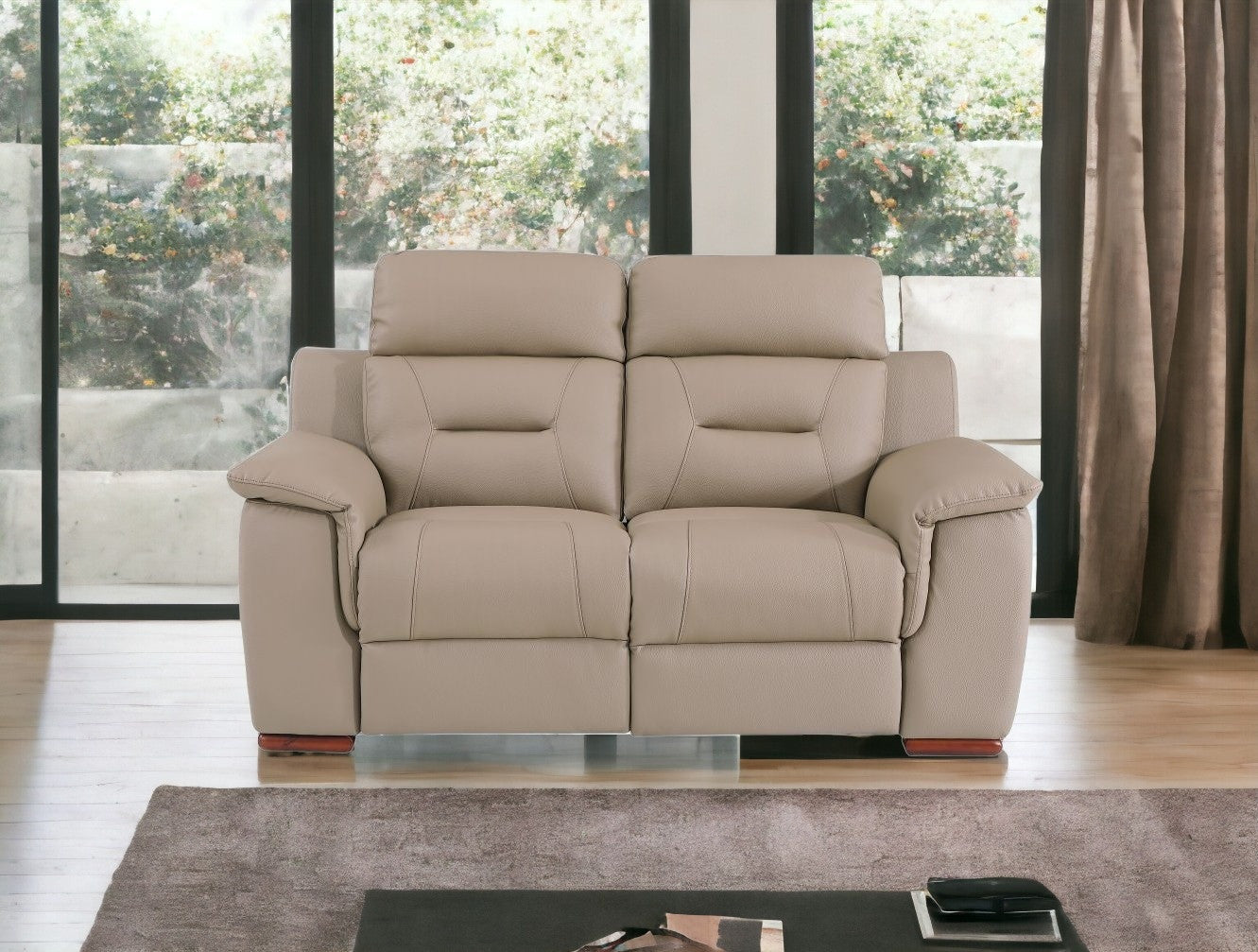 67" Beige And Brown Faux Leather Manual Reclining Love Seat