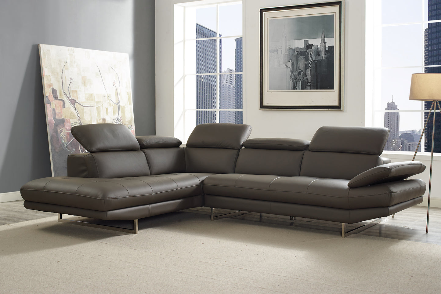 Dark Gray Genuine Leather L Shaped Two Piece Sofa and Chaise Sectional