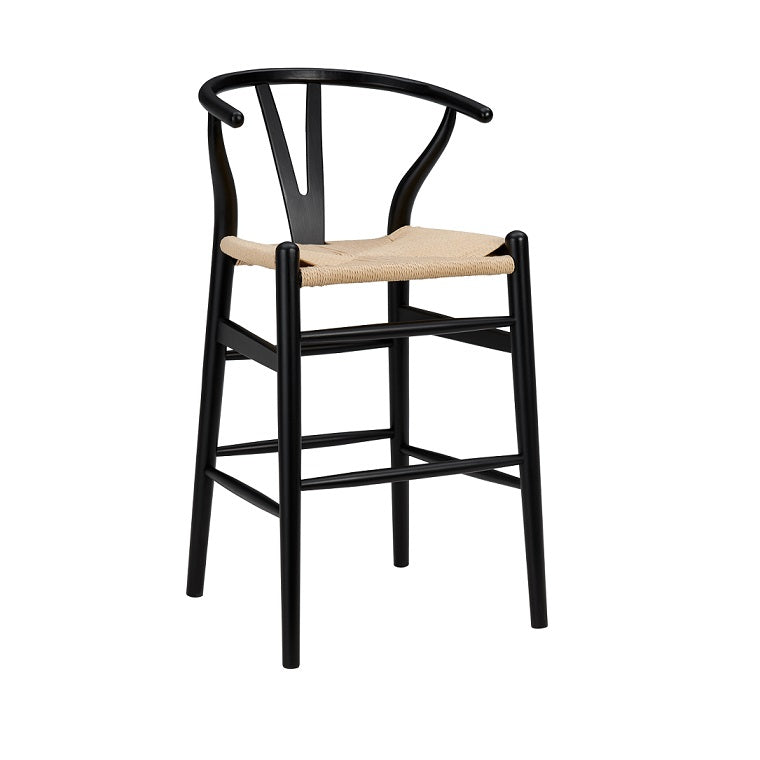 38" Black Solid Wood Counter Stool With Natural Seat