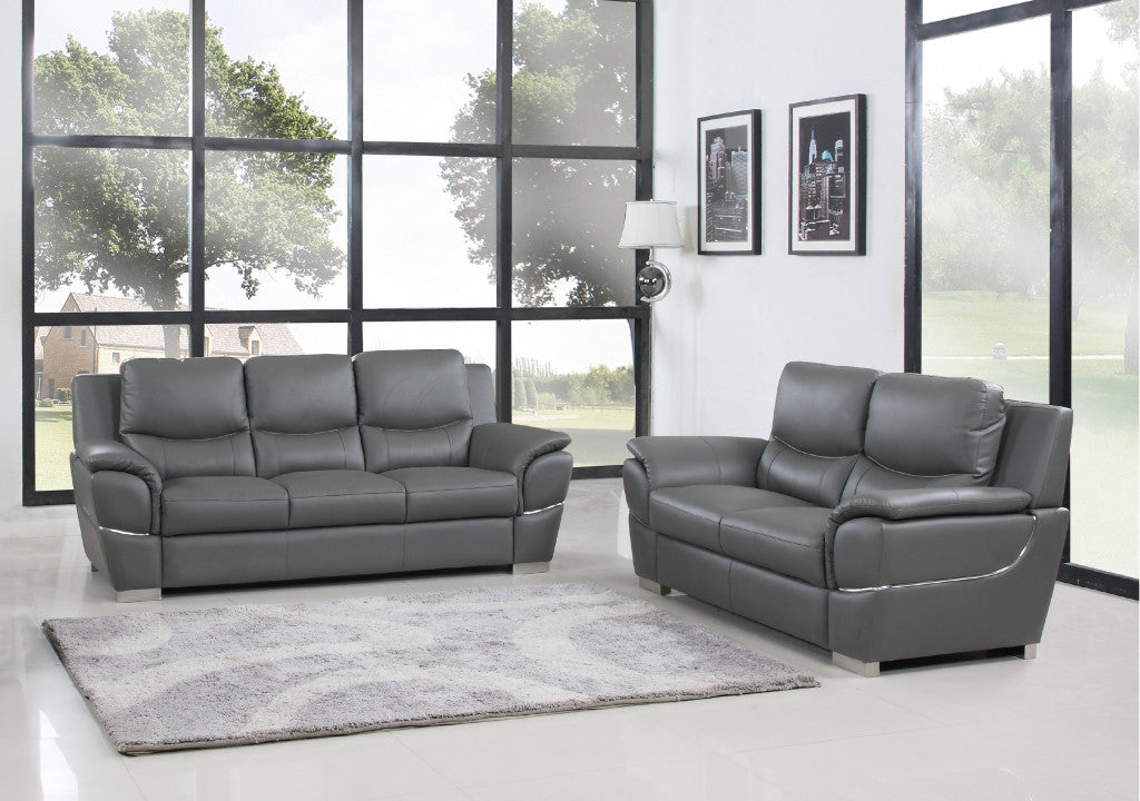 Two Piece Indoor Gray Genuine Leather Five Person Seating Set