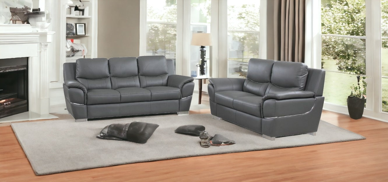 Two Piece Indoor Gray Genuine Leather Five Person Seating Set