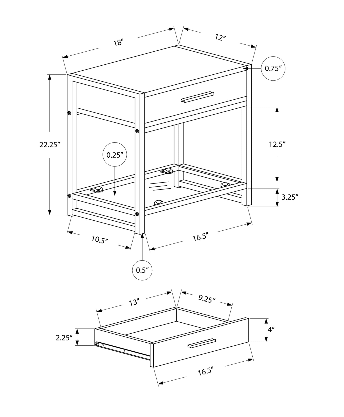 22" Black And Deep Taupe End Table With Drawer And Shelf