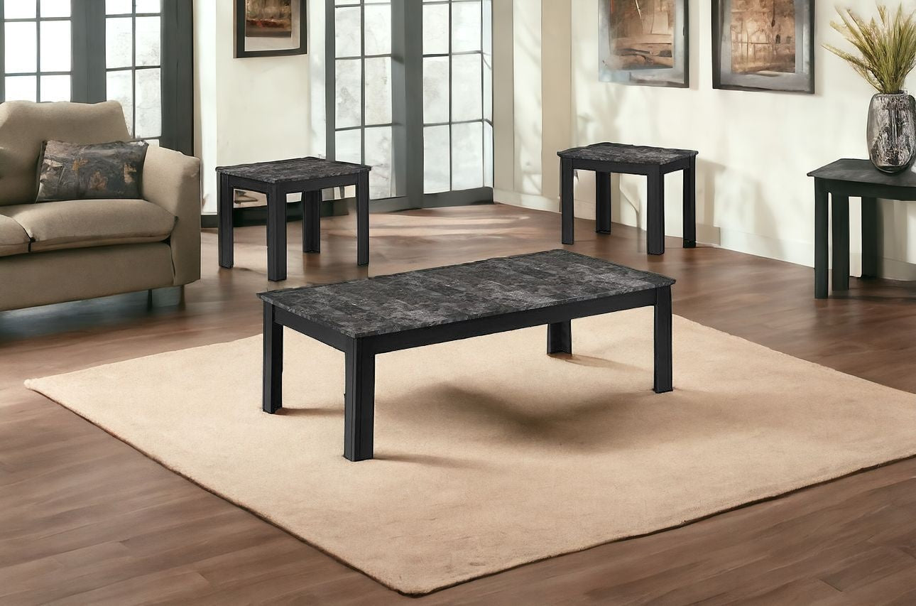 Black Grey Marble-Look Top Table Set - 3Pcs Set