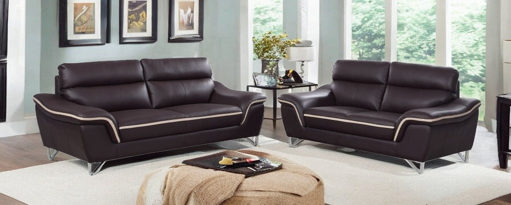 Two Piece Indoor Brown Genuine Leather Five Person Seating Set