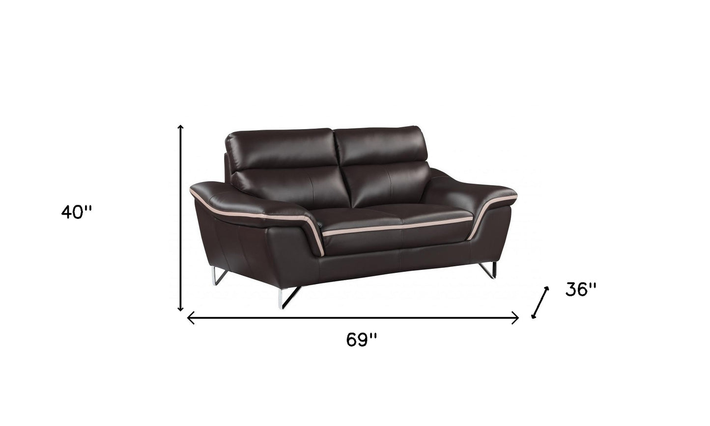 Two Piece Indoor Brown Genuine Leather Five Person Seating Set