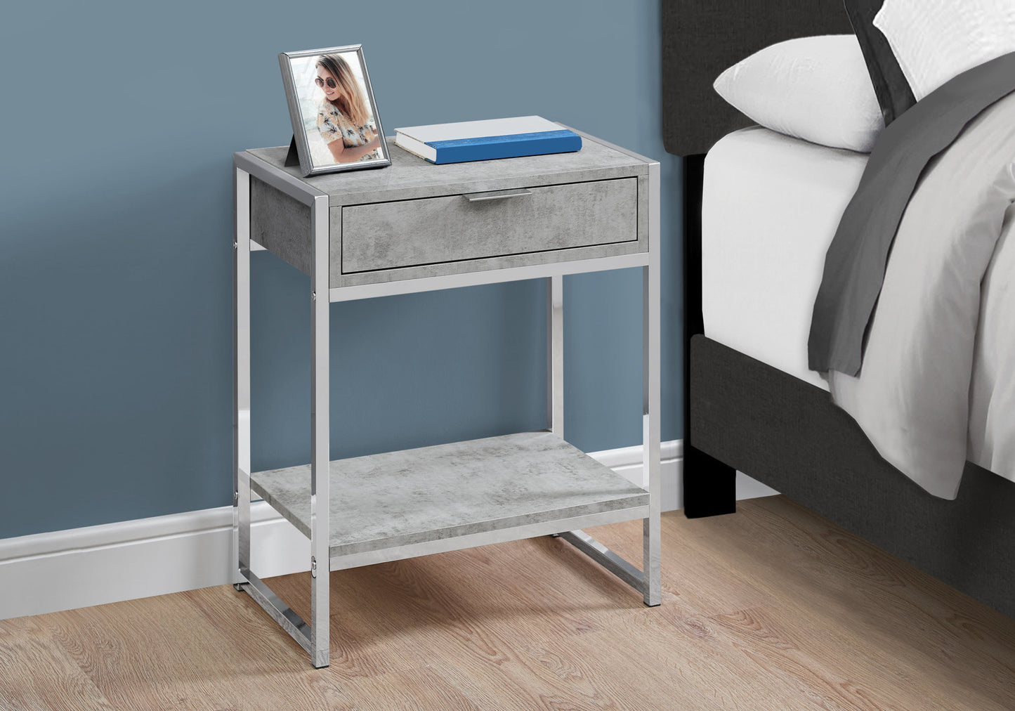 24" Silver And Gray End Table With Drawer And Shelf