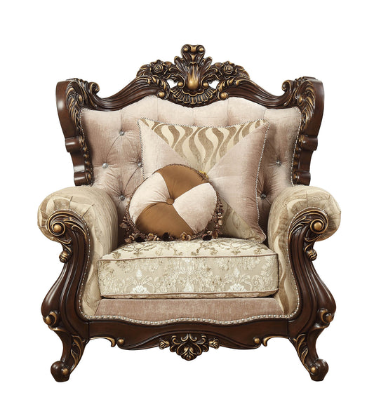 36" Beige And Brown Fabric Damask Tufted Chesterfield Chair