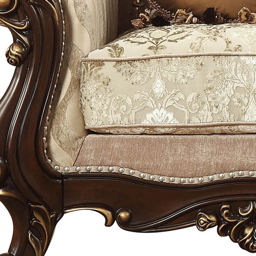 36" Beige And Brown Fabric Damask Tufted Chesterfield Chair