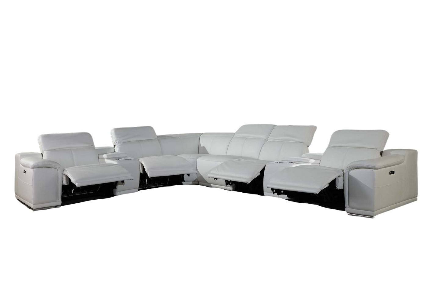 White Italian Leather Power Reclining U Shaped Eight Piece Corner Sectional With Console