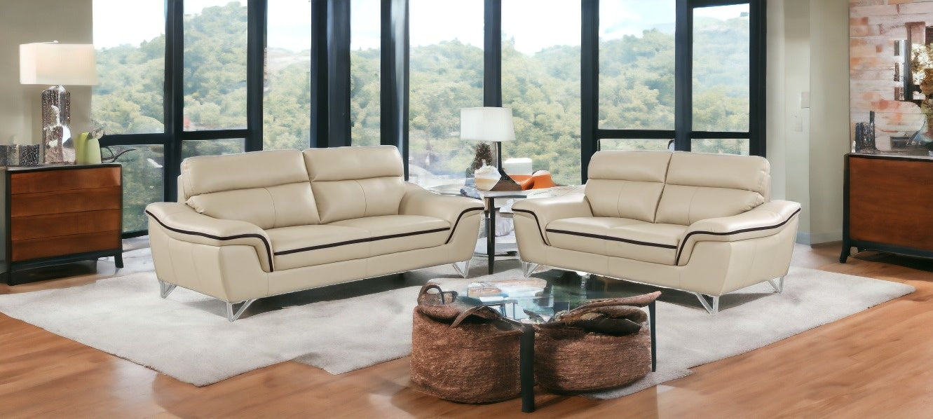 Two Piece Indoor Beige Genuine Leather Five Person Seating Set