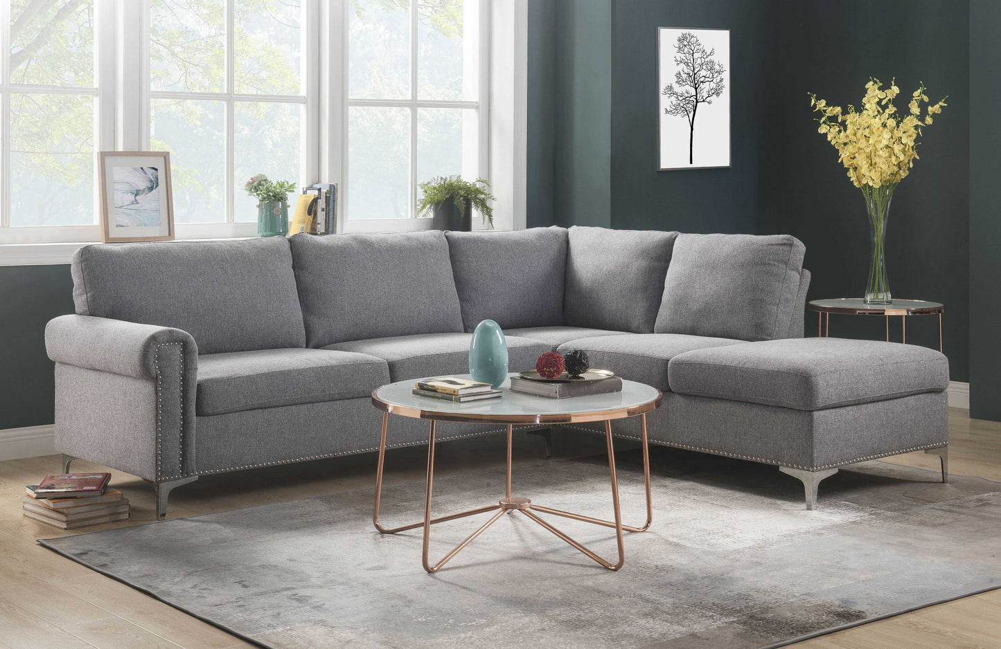 Gray Polyester L Shaped Two Piece Sofa and Chaise Sectional