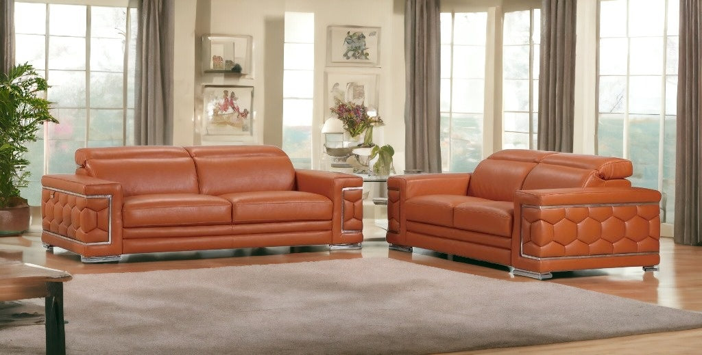 Two Piece Indoor Camel Italian Leather Five Person Seating Set