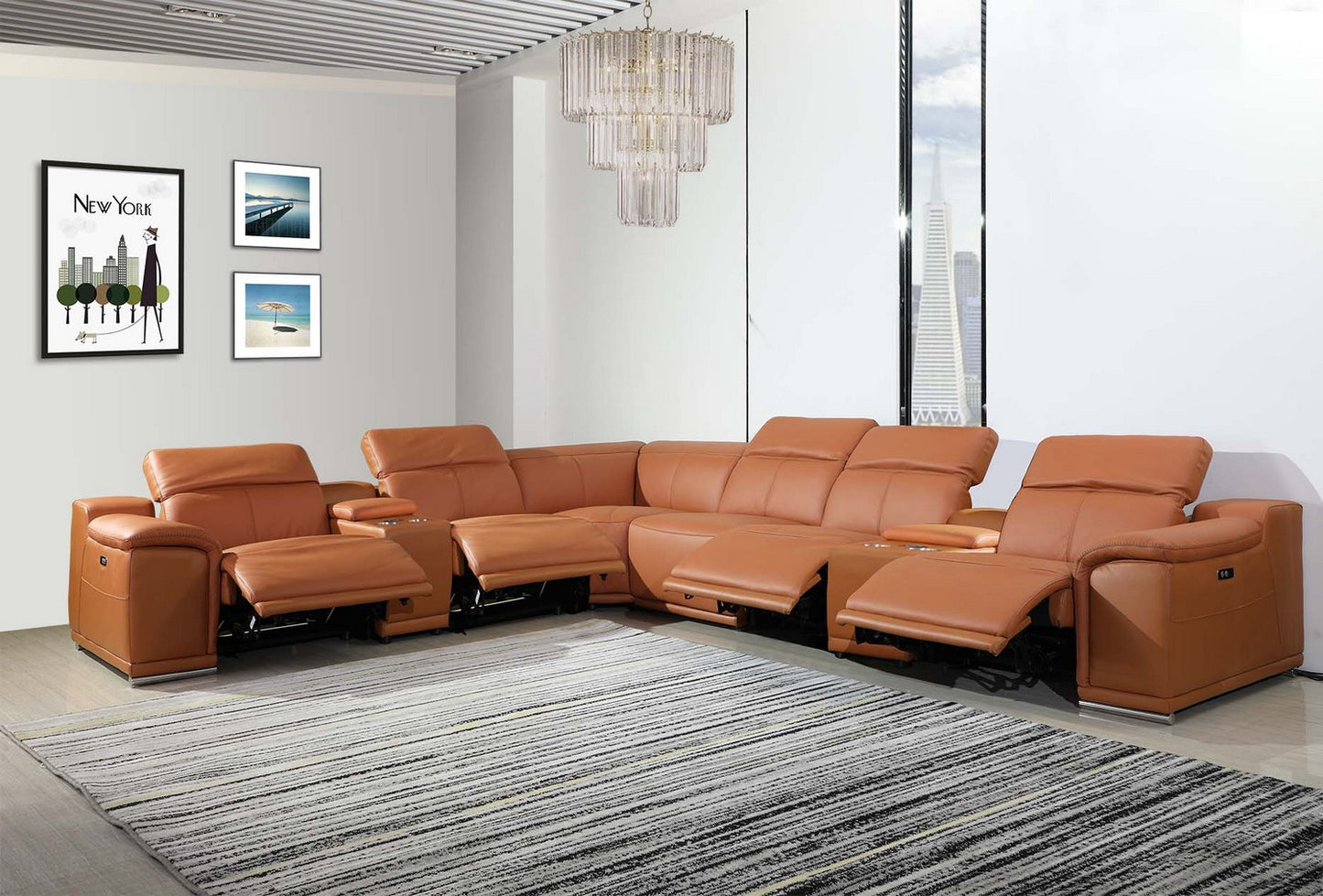 Camel Italian Leather Power Reclining U Shaped Eight Piece Corner Sectional With Console