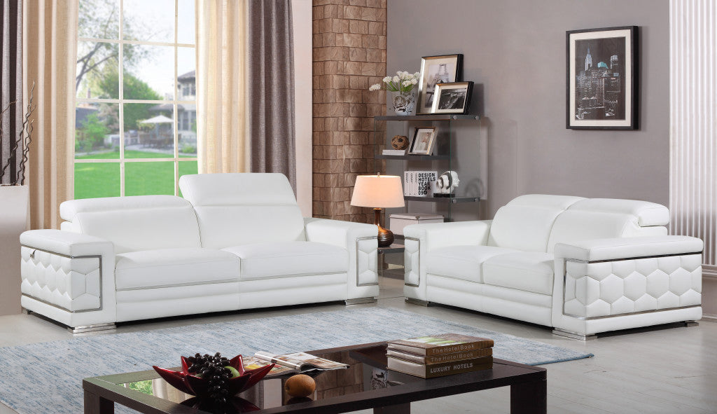 Two Piece Indoor White Italian Leather Five Person Seating Set