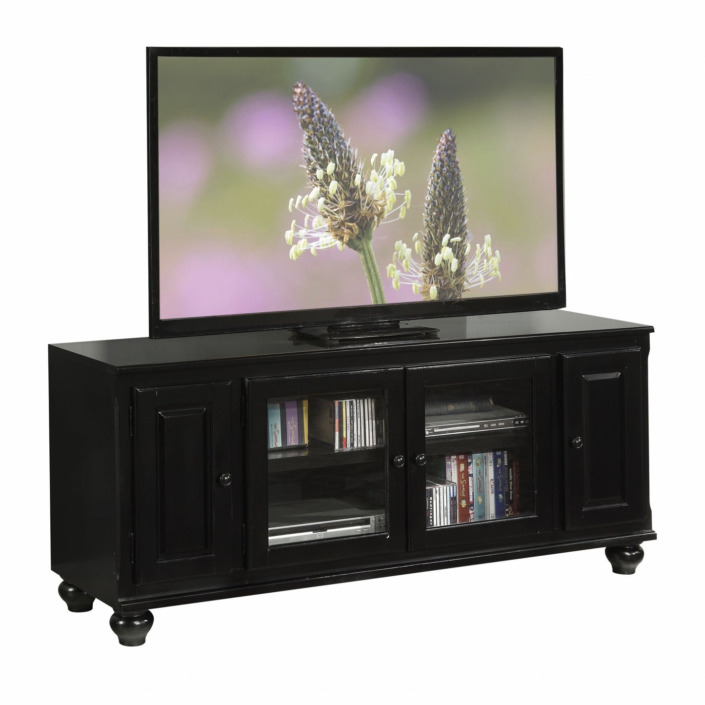 19" X 58" X 26" Black Wood Glass Veneer (Melamine) TV Stand